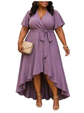 Bloomchic Plus Size 26 Dress High-Low Midi Short Ruffle Sleeves V-Neck Tie Belt